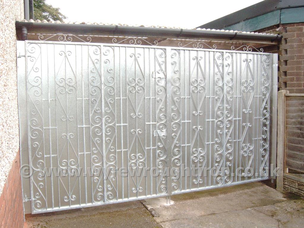 Tall double gates in Thames design with galvanised finish. Sheet backing added for security and privacy for the rear of this Poulton property.